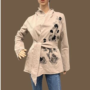 LUCKY BRAND Women's Beige Black Floral Tie Waist Cardigan Hoodie Sz S